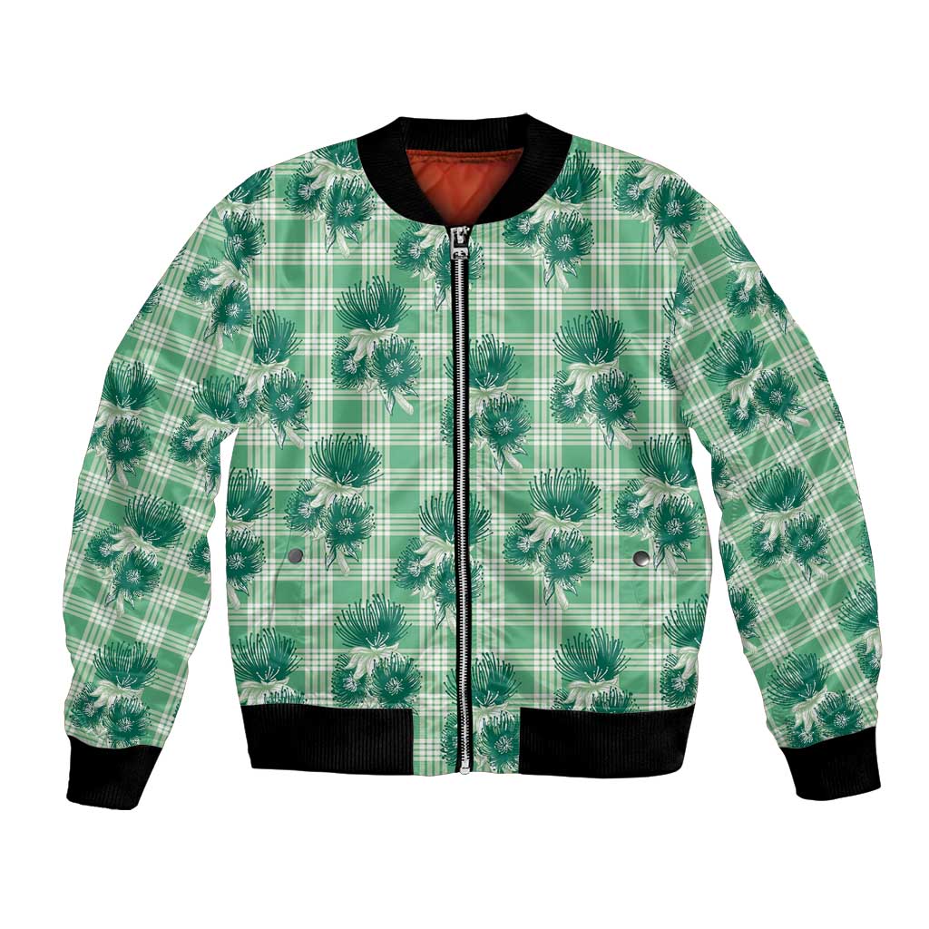 Green Palaka Hawaii Bomber Jacket Hawaiian Lehua Blossoms