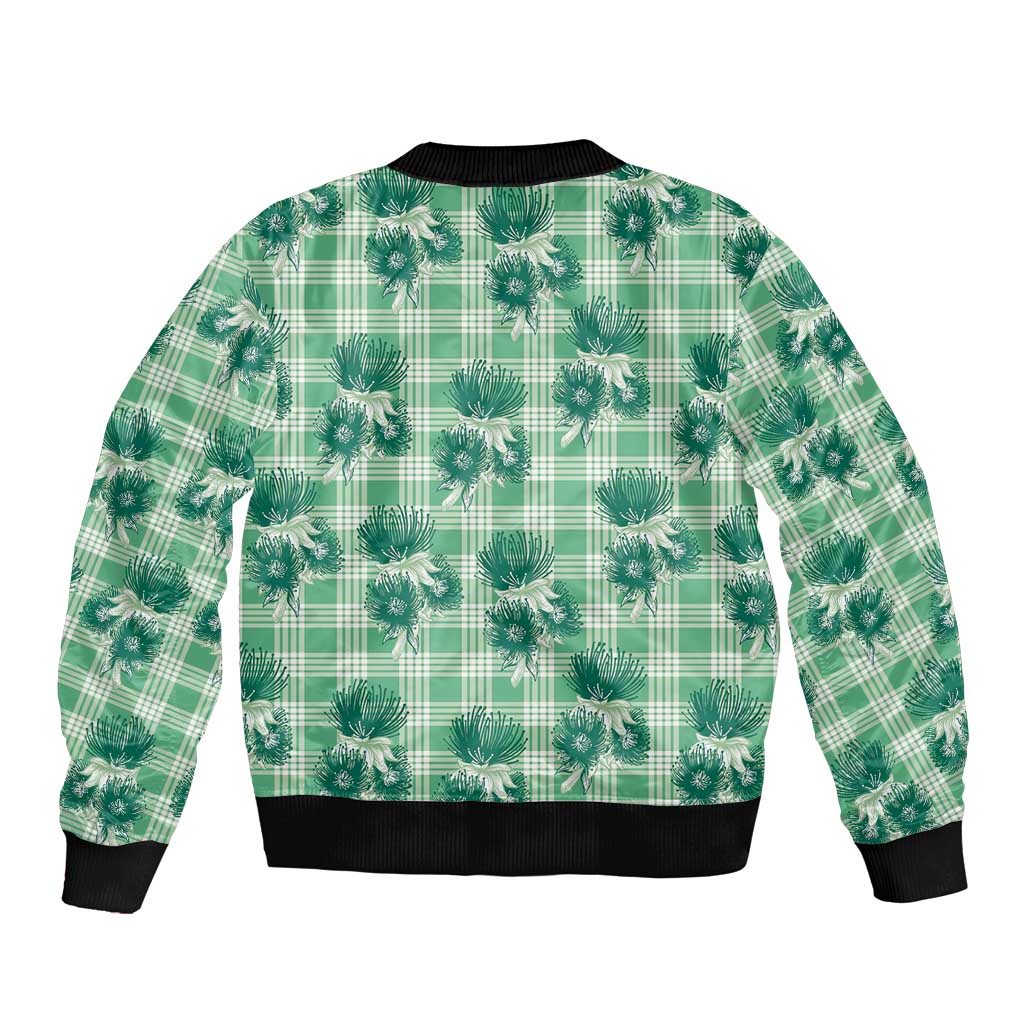 Green Palaka Hawaii Bomber Jacket Hawaiian Lehua Blossoms