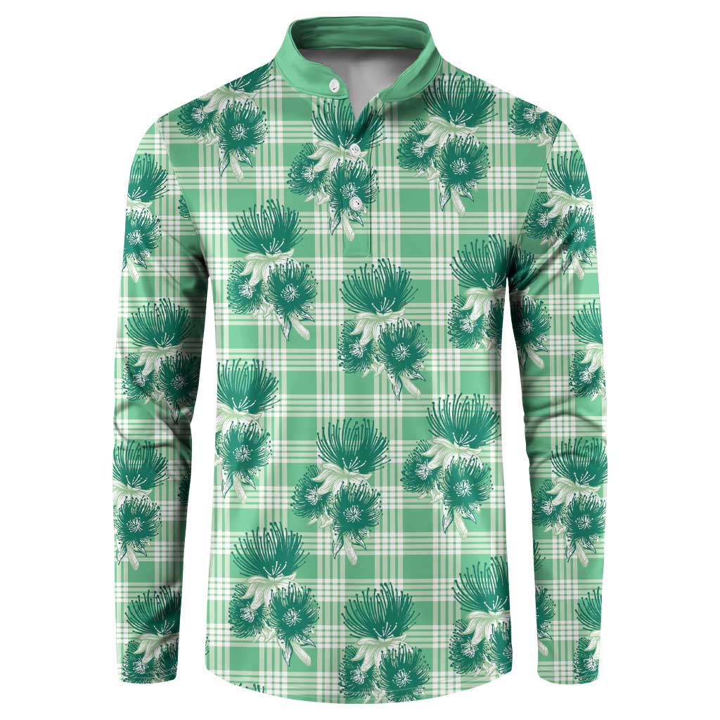 Green Palaka Hawaii Button Sweatshirt Hawaiian Lehua Blossoms