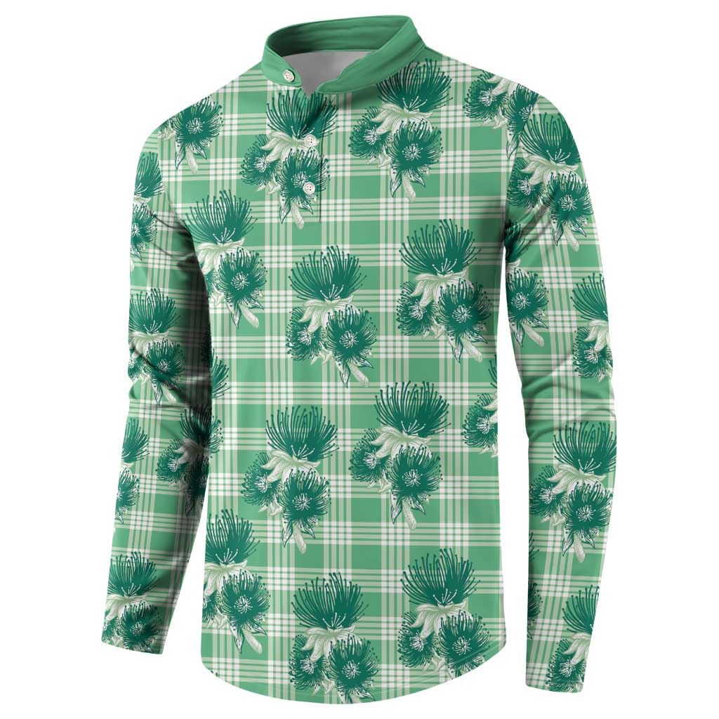 Green Palaka Hawaii Button Sweatshirt Hawaiian Lehua Blossoms