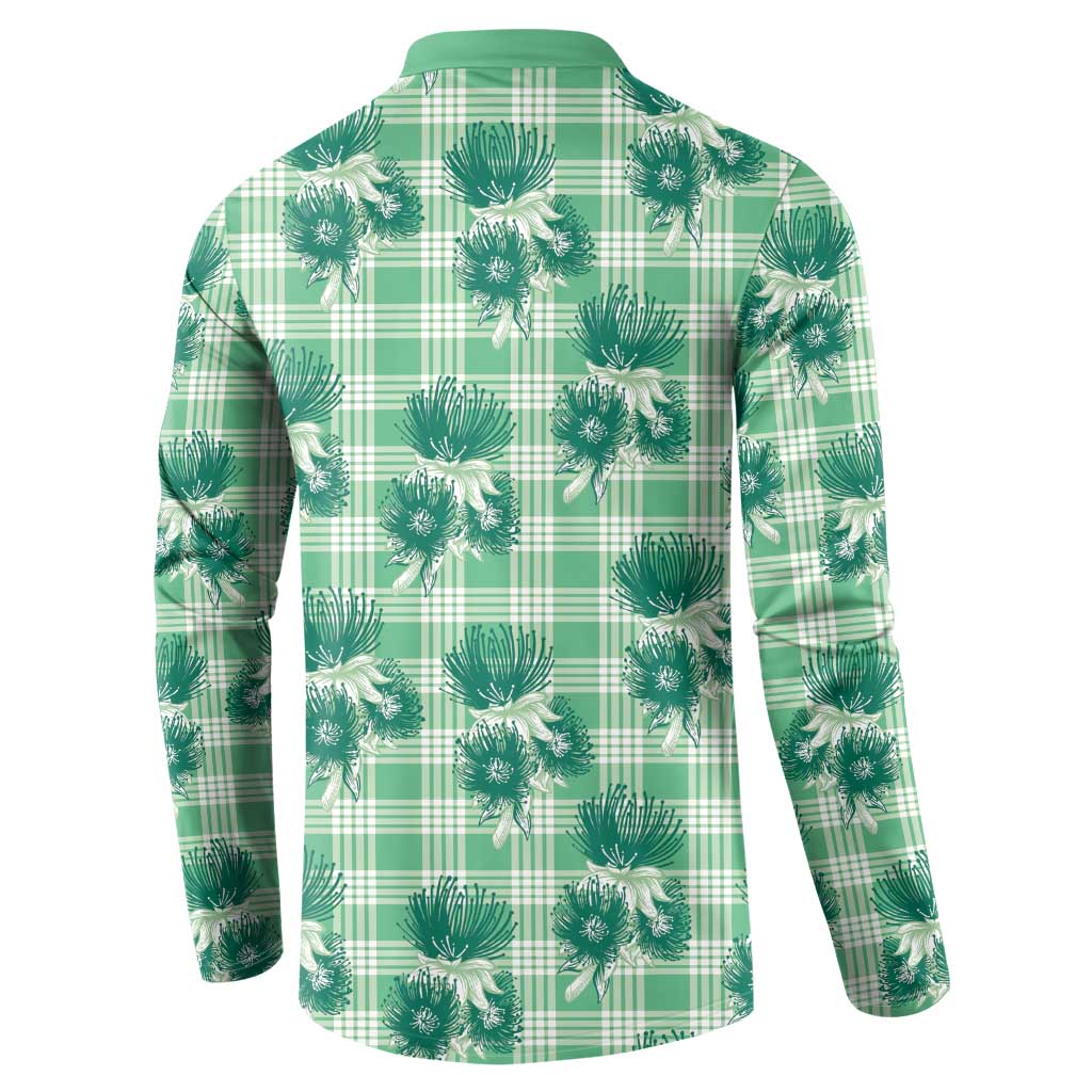 Green Palaka Hawaii Button Sweatshirt Hawaiian Lehua Blossoms