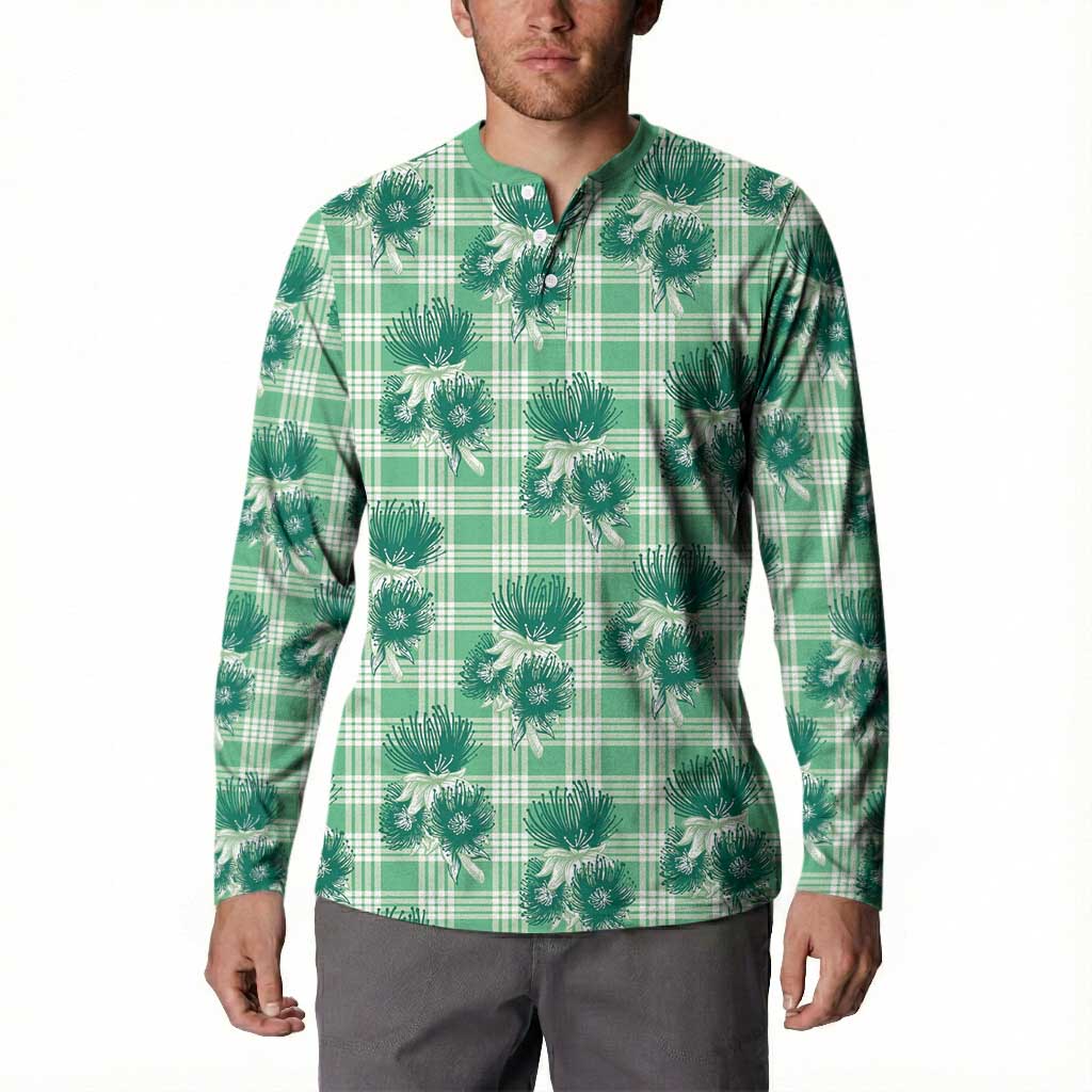 Green Palaka Hawaii Button Sweatshirt Hawaiian Lehua Blossoms