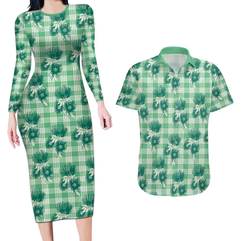 Green Palaka Hawaii Couples Matching Long Sleeve Bodycon Dress and Hawaiian Shirt Hawaiian Lehua Blossoms