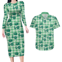 Green Palaka Hawaii Couples Matching Long Sleeve Bodycon Dress and Hawaiian Shirt Hawaiian Lehua Blossoms