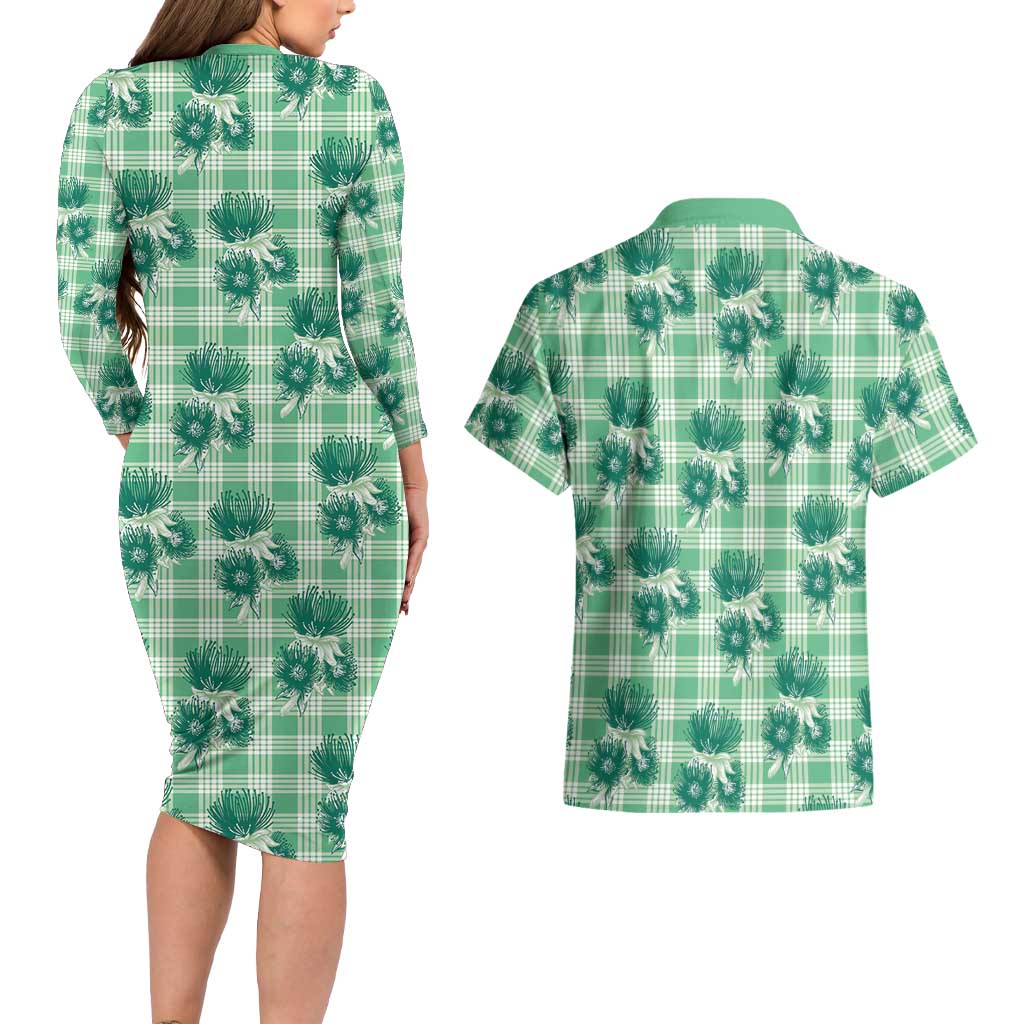 Green Palaka Hawaii Couples Matching Long Sleeve Bodycon Dress and Hawaiian Shirt Hawaiian Lehua Blossoms