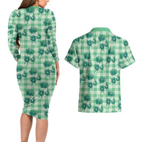 Green Palaka Hawaii Couples Matching Long Sleeve Bodycon Dress and Hawaiian Shirt Hawaiian Lehua Blossoms