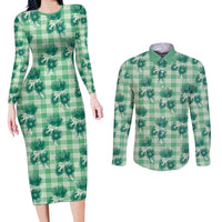 Green Palaka Hawaii Couples Matching Long Sleeve Bodycon Dress and Long Sleeve Button Shirt Hawaiian Lehua Blossoms LT05 Green - Polynesian Pride