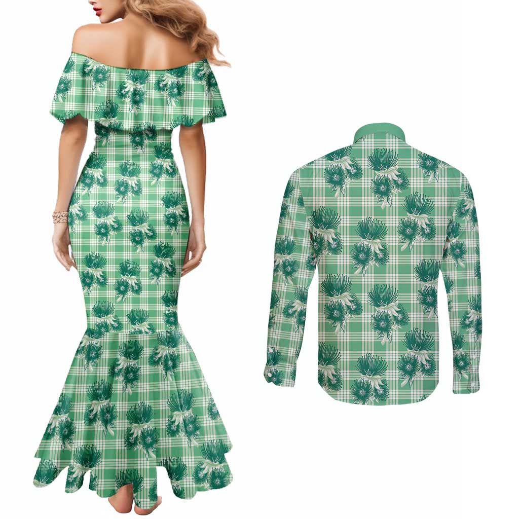 Green Palaka Hawaii Couples Matching Mermaid Dress and Long Sleeve Button Shirt Hawaiian Lehua Blossoms LT05 - Polynesian Pride