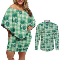 Green Palaka Hawaii Couples Matching Off Shoulder Short Dress and Long Sleeve Button Shirt Hawaiian Lehua Blossoms LT05 Green - Polynesian Pride