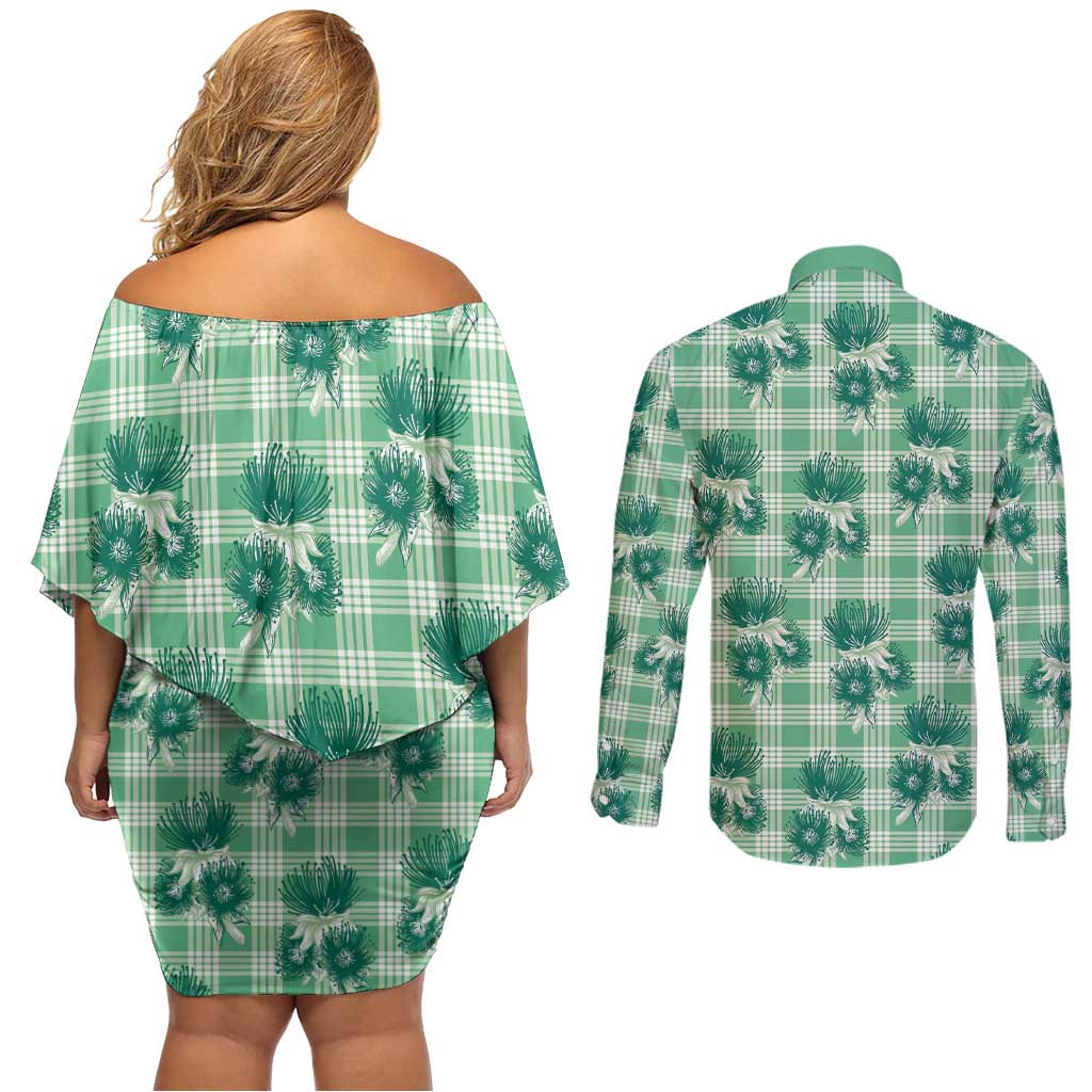 Green Palaka Hawaii Couples Matching Off Shoulder Short Dress and Long Sleeve Button Shirt Hawaiian Lehua Blossoms LT05 - Polynesian Pride