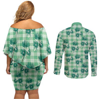Green Palaka Hawaii Couples Matching Off Shoulder Short Dress and Long Sleeve Button Shirt Hawaiian Lehua Blossoms LT05 - Polynesian Pride