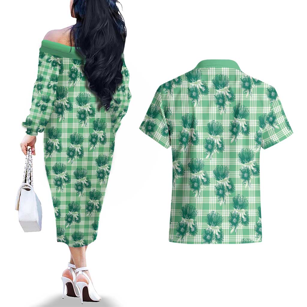 Green Palaka Hawaii Couples Matching Off The Shoulder Long Sleeve Dress and Hawaiian Shirt Hawaiian Lehua Blossoms