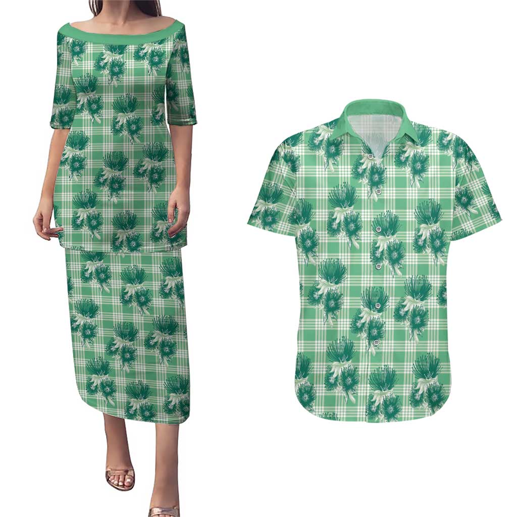 Green Palaka Hawaii Couples Matching Puletasi and Hawaiian Shirt Hawaiian Lehua Blossoms LT05 Green - Polynesian Pride