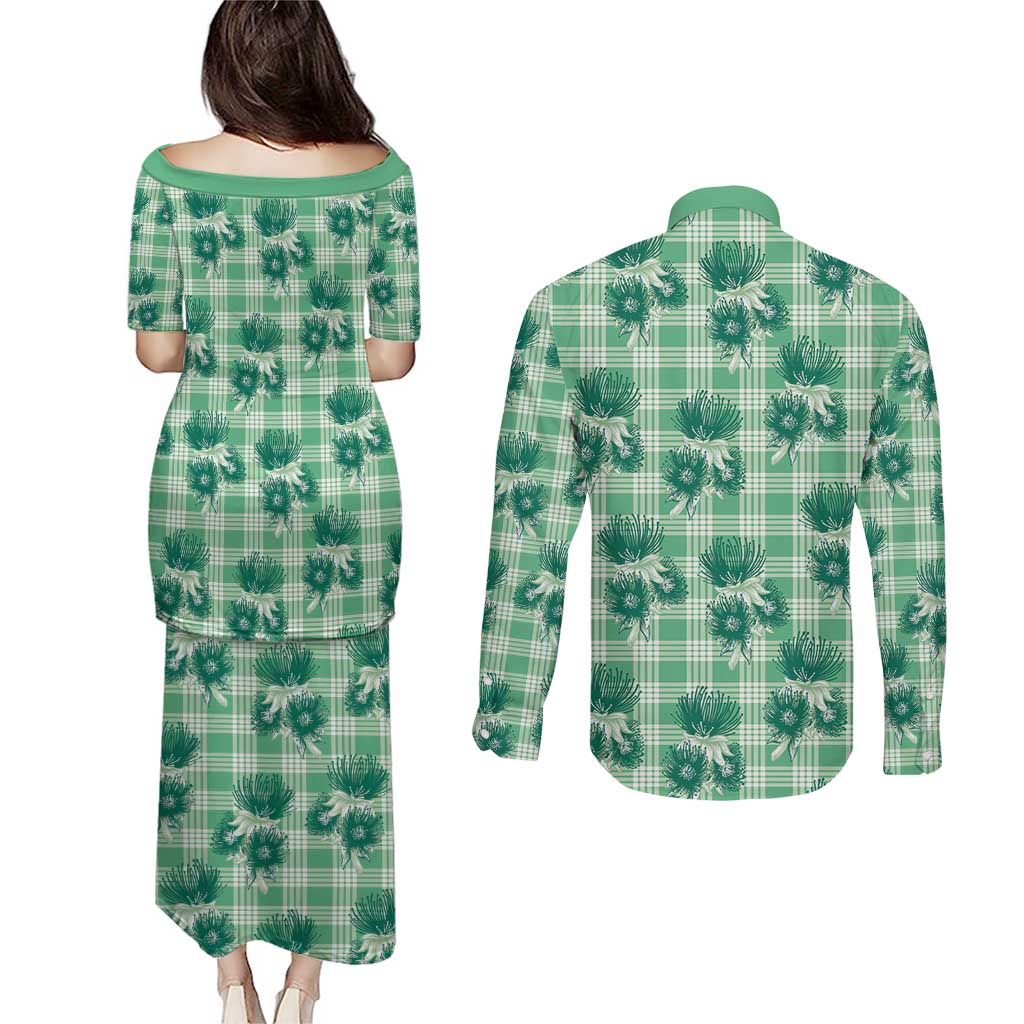 Green Palaka Hawaii Couples Matching Puletasi and Long Sleeve Button Shirt Hawaiian Lehua Blossoms LT05 - Polynesian Pride