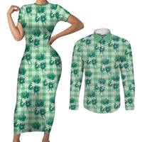 Green Palaka Hawaii Couples Matching Short Sleeve Bodycon Dress and Long Sleeve Button Shirt Hawaiian Lehua Blossoms LT05 Green - Polynesian Pride