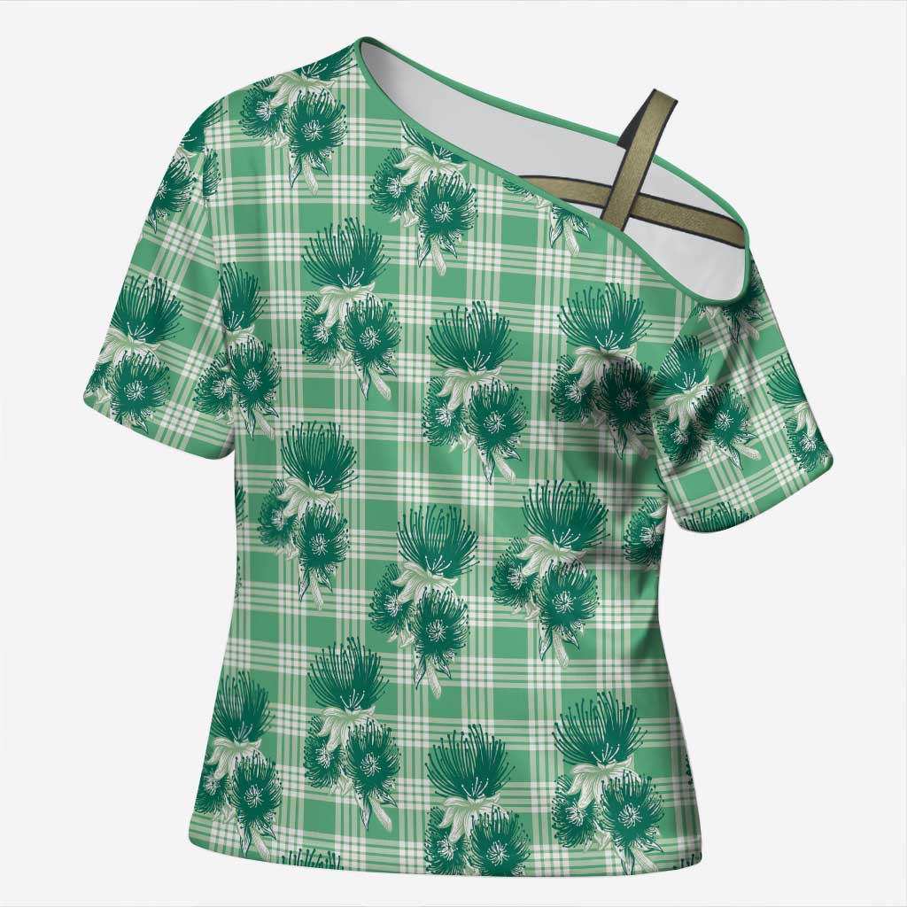 Green Palaka Hawaii Cross Shoulder Shirt Hawaiian Lehua Blossoms LT05 Female Green - Polynesian Pride