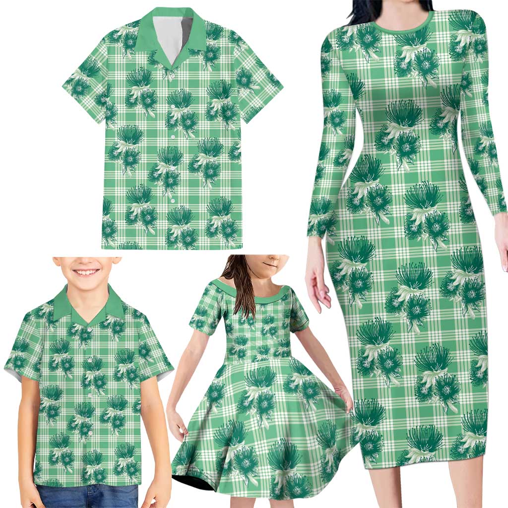 Green Palaka Hawaii Family Matching Long Sleeve Bodycon Dress and Hawaiian Shirt Hawaiian Lehua Blossoms