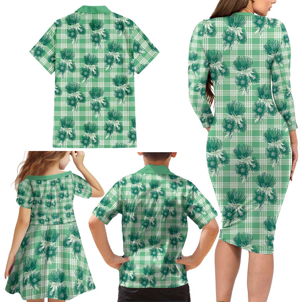 Green Palaka Hawaii Family Matching Long Sleeve Bodycon Dress and Hawaiian Shirt Hawaiian Lehua Blossoms LT05 - Polynesian Pride