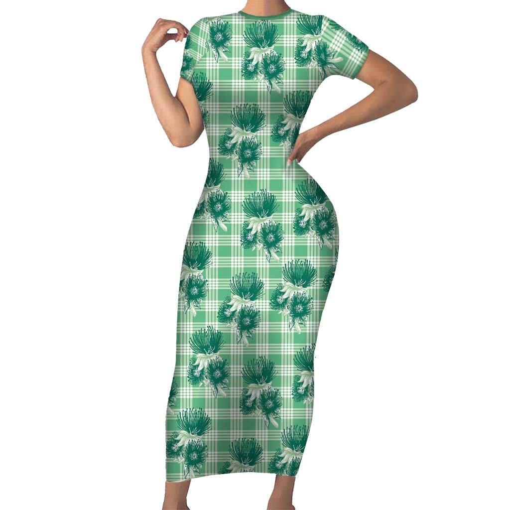 Green Palaka Hawaii Family Matching Short Sleeve Bodycon Dress and Hawaiian Shirt Hawaiian Lehua Blossoms LT05 Mom's Dress Green - Polynesian Pride