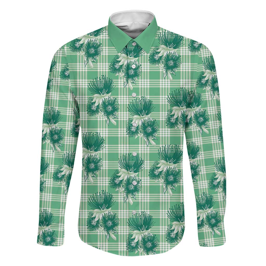 Green Palaka Hawaii Family Matching Tank Maxi Dress and Hawaiian Shirt Hawaiian Lehua Blossoms LT05 Dad's Shirt - Long Sleeve Green - Polynesian Pride