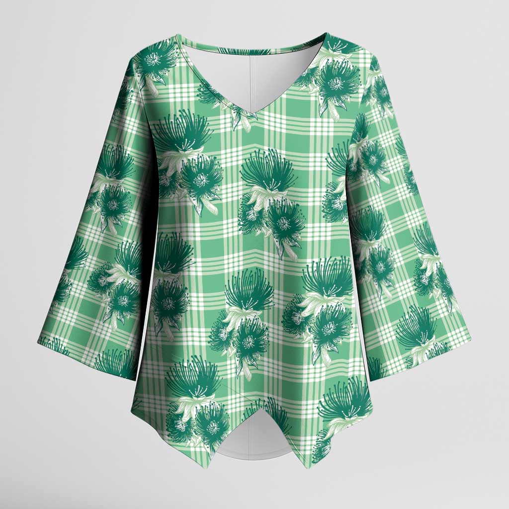 Green Palaka Hawaii Kimono Sleeve Blouse Hawaiian Lehua Blossoms LT05 Female Green - Polynesian Pride