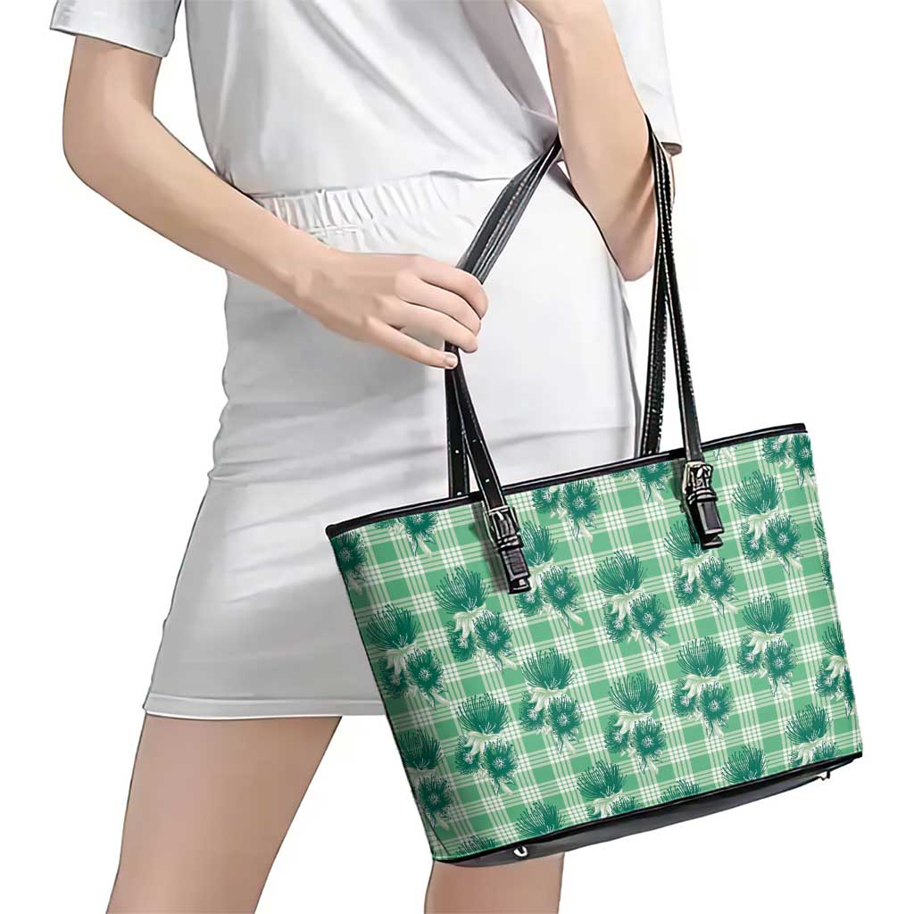 Green Palaka Hawaii Leather Tote Bag Hawaiian Lehua Blossoms