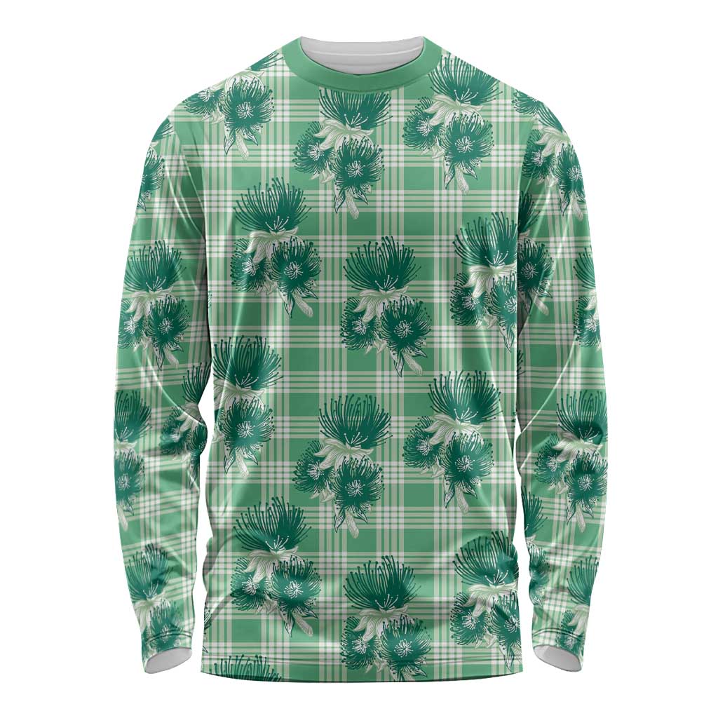 Green Palaka Hawaii Long Sleeve Shirt Hawaiian Lehua Blossoms LT05 Unisex Green - Polynesian Pride