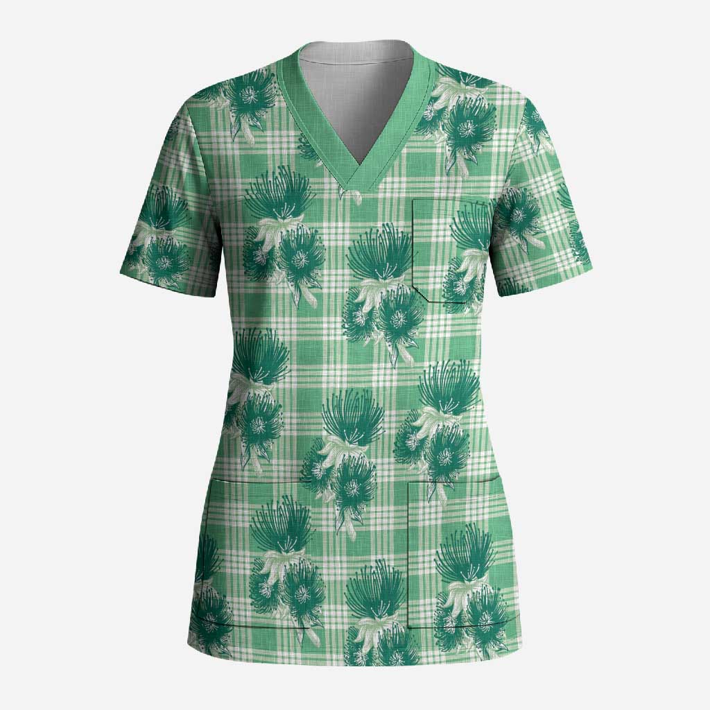 Green Palaka Hawaii Scrub Top Hawaiian Lehua Blossoms