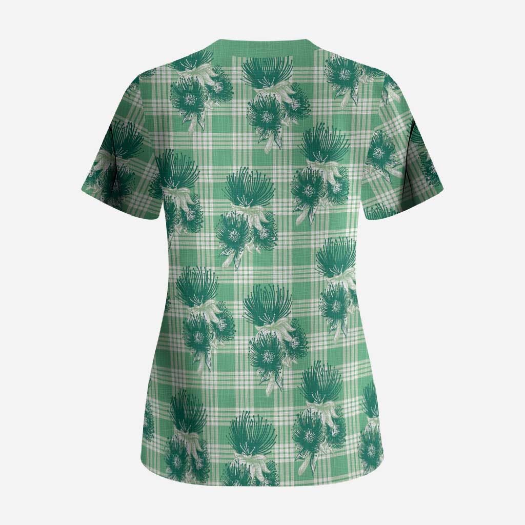 Green Palaka Hawaii Scrub Top Hawaiian Lehua Blossoms