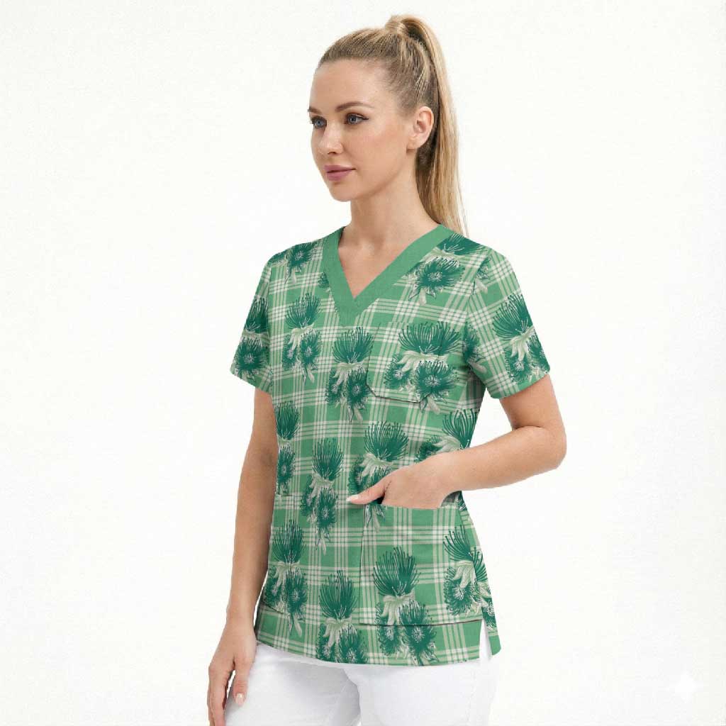 Green Palaka Hawaii Scrub Top Hawaiian Lehua Blossoms