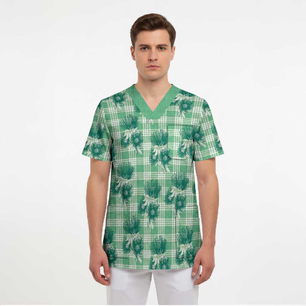Green Palaka Hawaii Scrub Top Hawaiian Lehua Blossoms