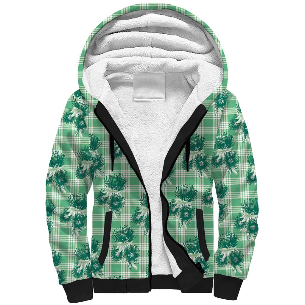 Green Palaka Hawaii Sherpa Hoodie Hawaiian Lehua Blossoms