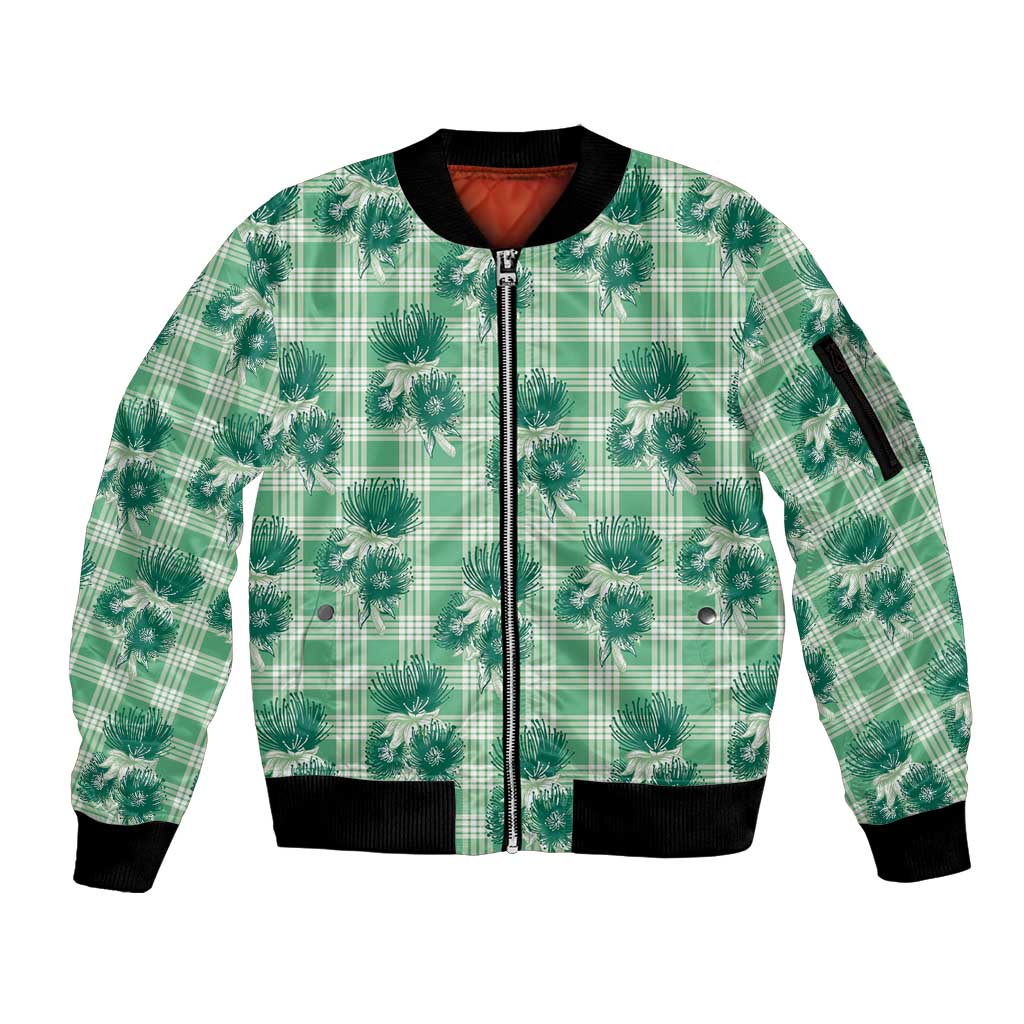Green Palaka Hawaii Sleeve Zip Bomber Jacket Hawaiian Lehua Blossoms