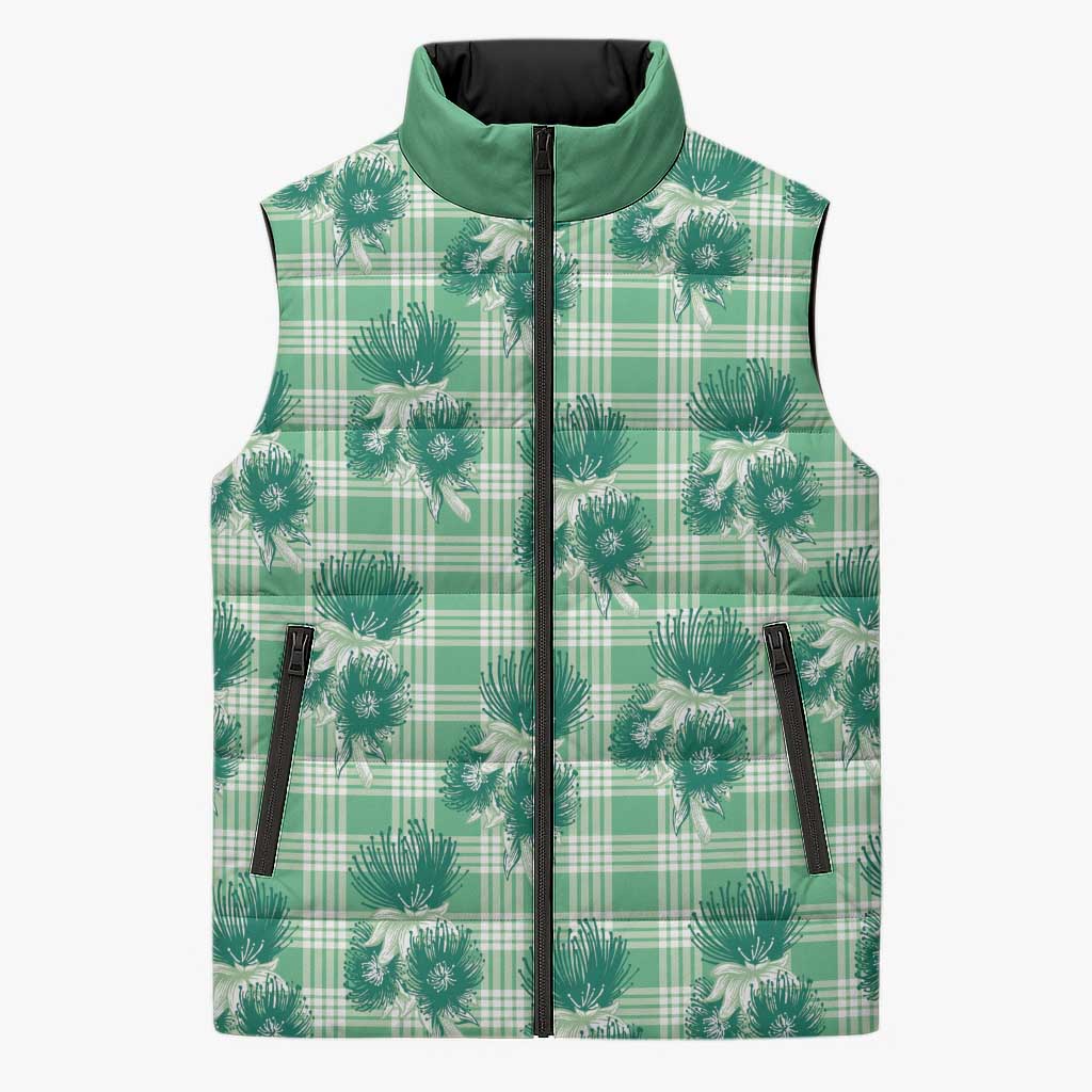 Green Palaka Hawaii Sleeveless Puffer Jacket Hawaiian Lehua Blossoms