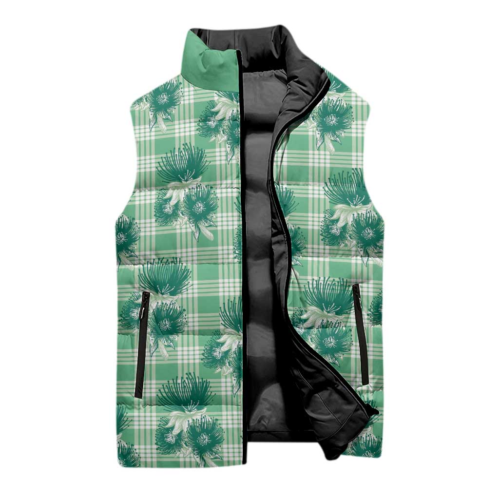 Green Palaka Hawaii Sleeveless Puffer Jacket Hawaiian Lehua Blossoms