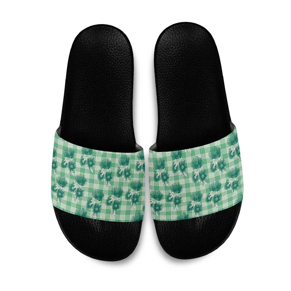 Green Palaka Hawaii Slide Sandals Hawaiian Lehua Blossoms