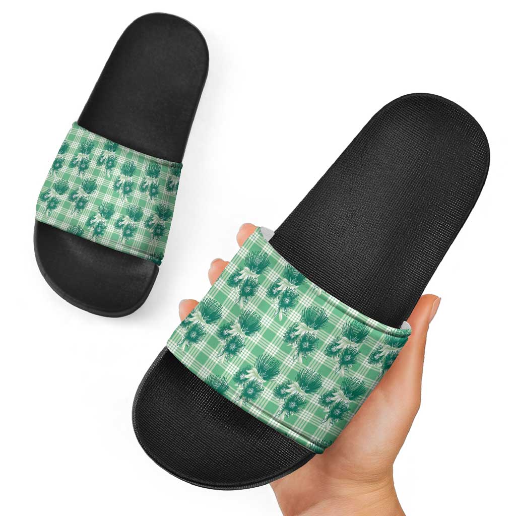 Green Palaka Hawaii Slide Sandals Hawaiian Lehua Blossoms