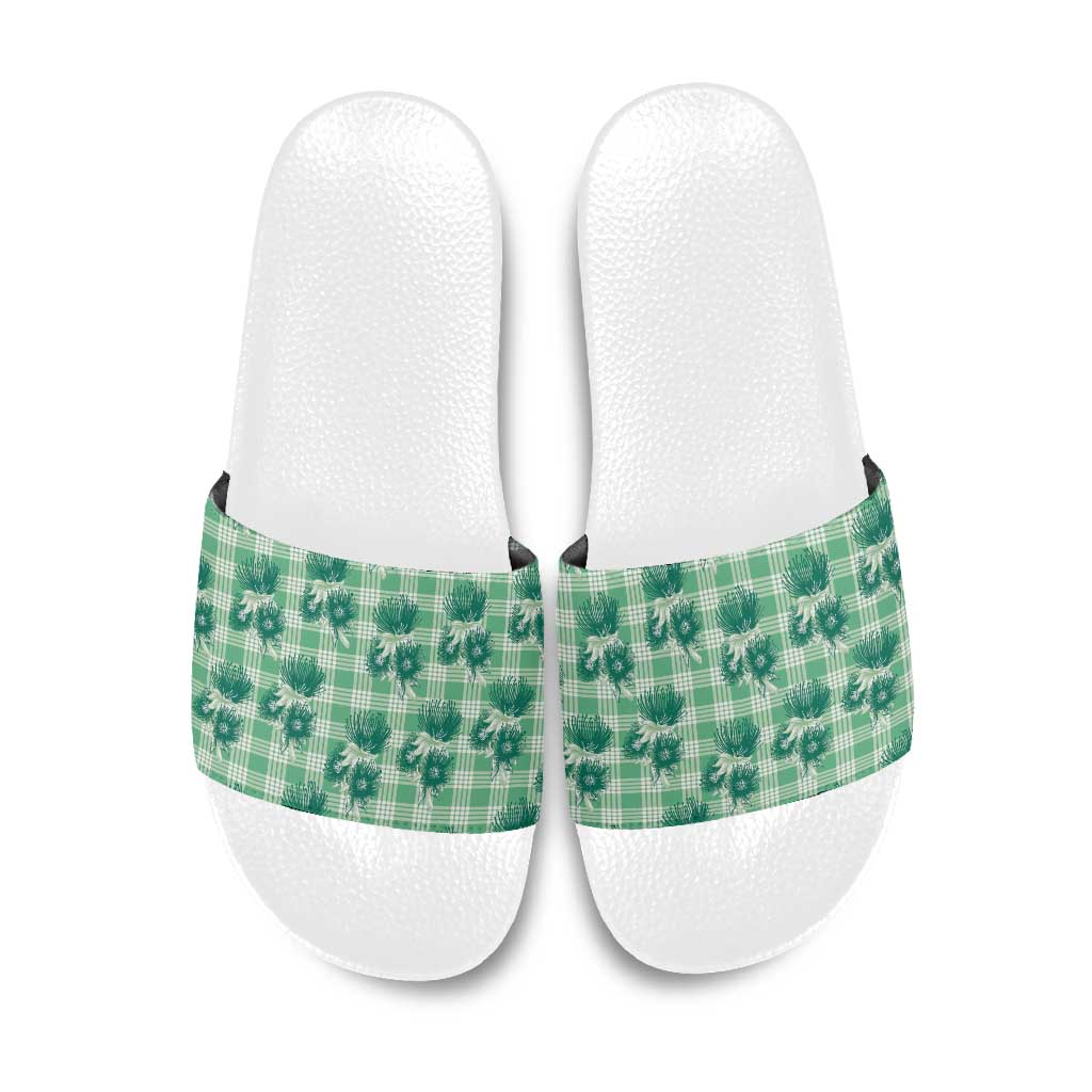 Green Palaka Hawaii Slide Sandals Hawaiian Lehua Blossoms
