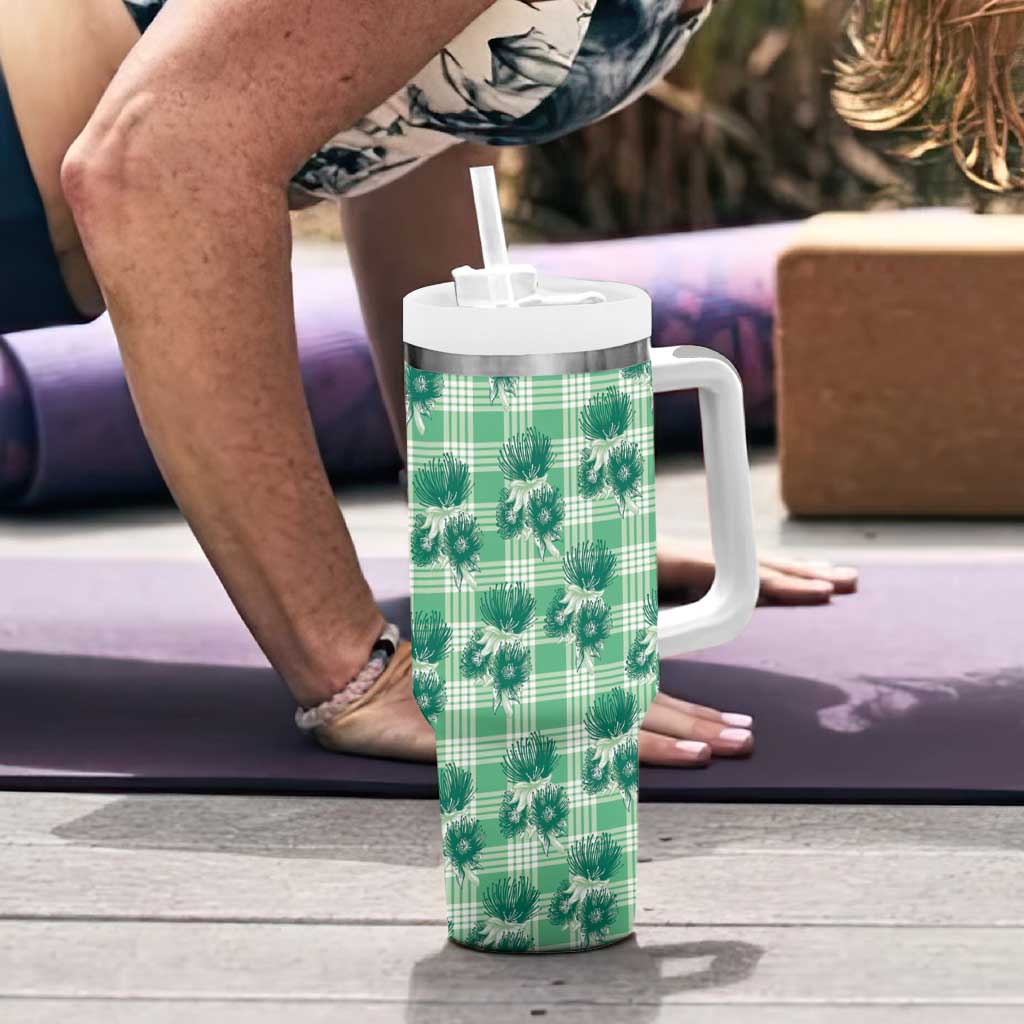 Green Palaka Hawaii Tumbler With Handle Hawaiian Lehua Blossoms