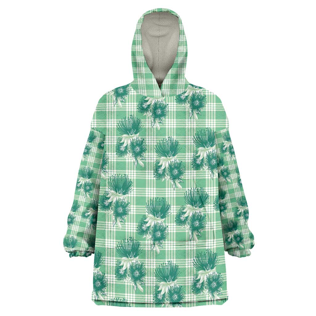 Green Palaka Hawaii Wearable Blanket Hoodie Hawaiian Lehua Blossoms