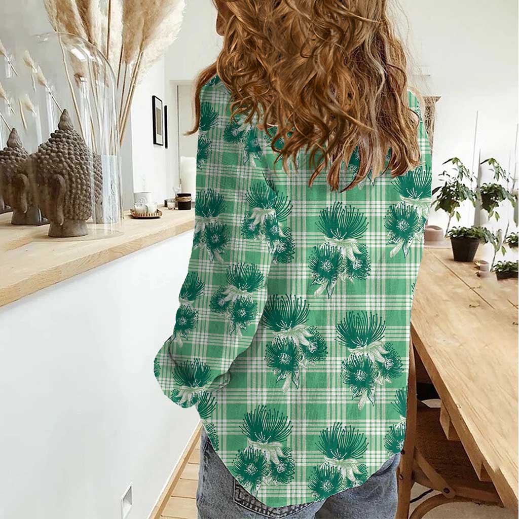 Green Palaka Hawaii Women Casual Shirt Hawaiian Lehua Blossoms LT05 - Polynesian Pride
