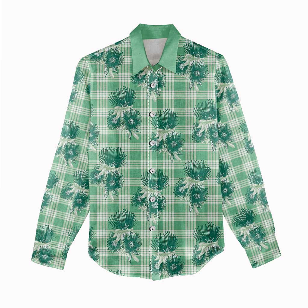 Green Palaka Hawaii Women Casual Shirt Hawaiian Lehua Blossoms LT05 - Polynesian Pride