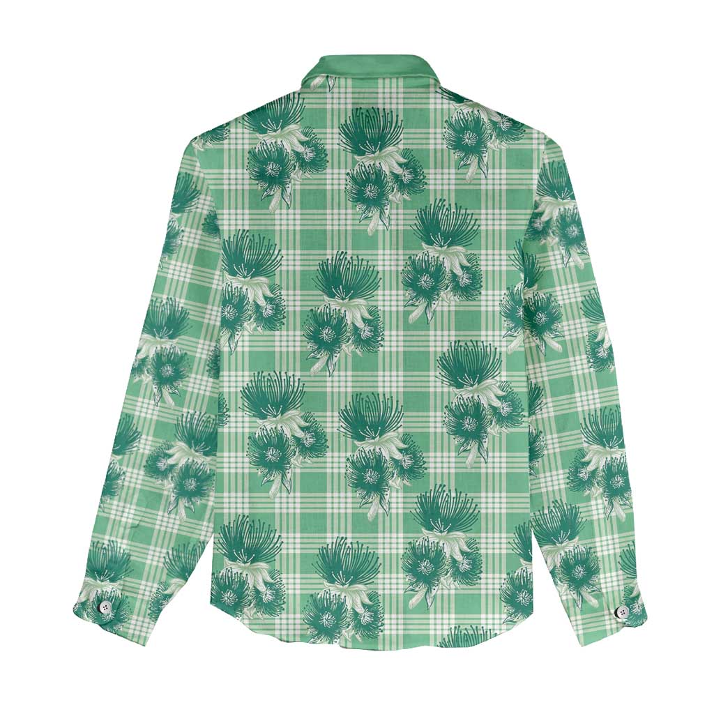 Green Palaka Hawaii Women Casual Shirt Hawaiian Lehua Blossoms LT05 - Polynesian Pride