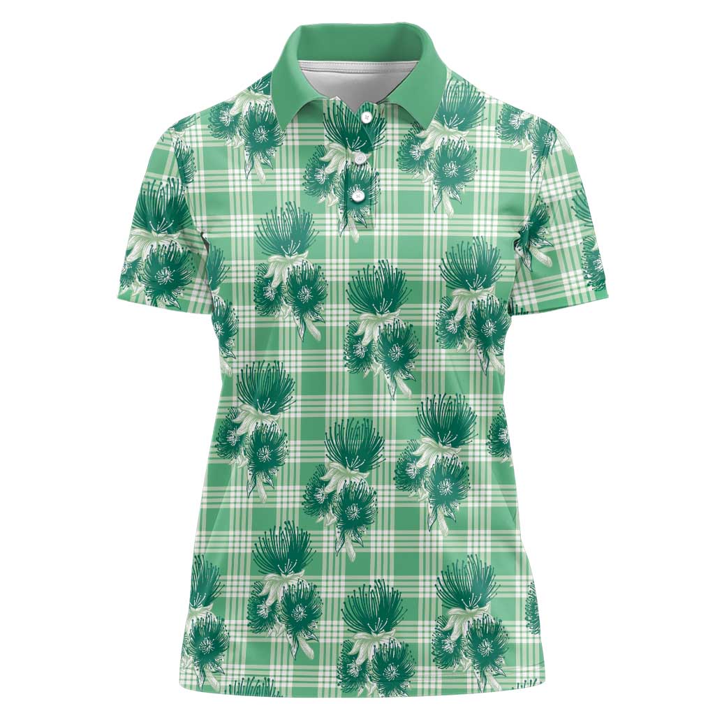 Green Palaka Hawaii Women Polo Shirt Hawaiian Lehua Blossoms LT05 Female Green - Polynesian Pride