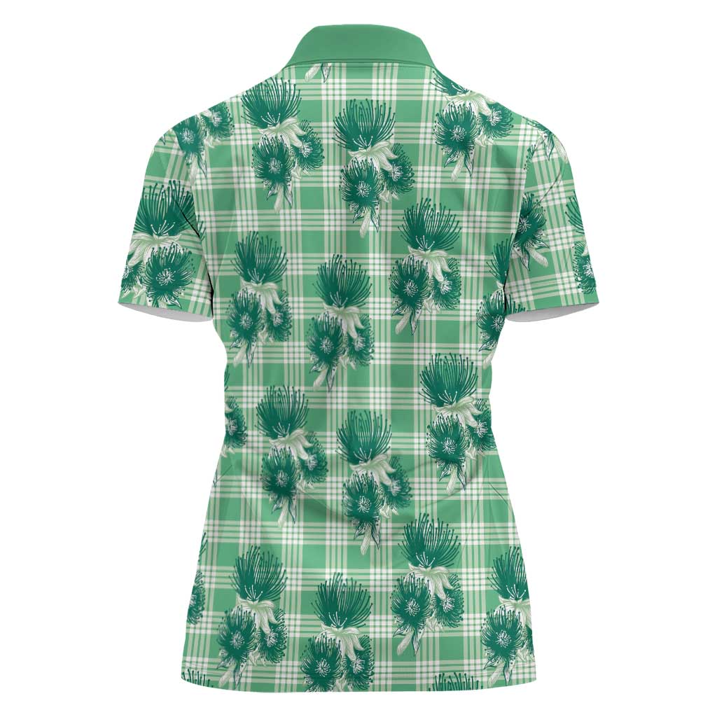 Green Palaka Hawaii Women Polo Shirt Hawaiian Lehua Blossoms LT05 - Polynesian Pride