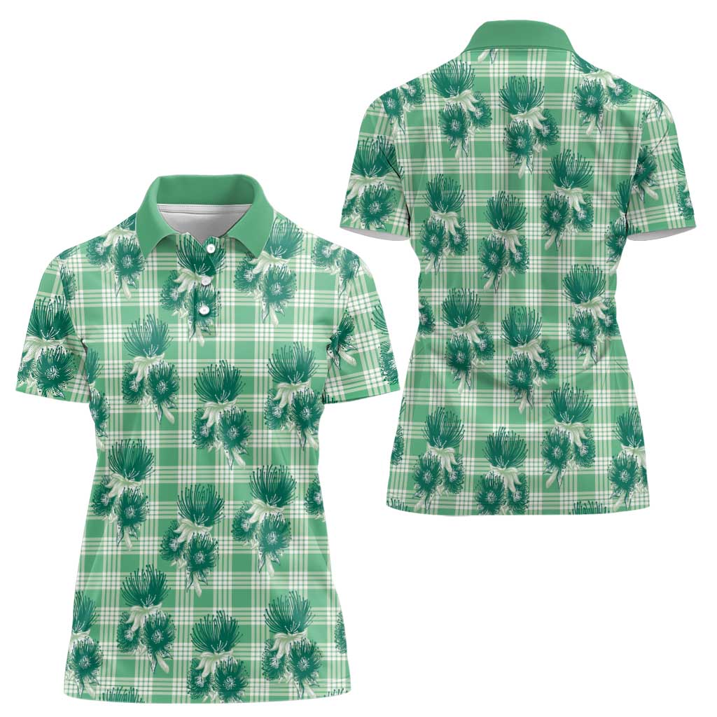 Green Palaka Hawaii Women Polo Shirt Hawaiian Lehua Blossoms LT05 - Polynesian Pride