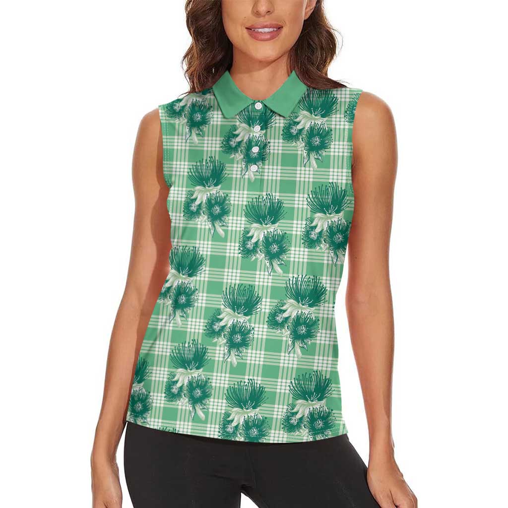 Green Palaka Hawaii Women Sleeveless Polo Shirt Hawaiian Lehua Blossoms LT05 - Polynesian Pride
