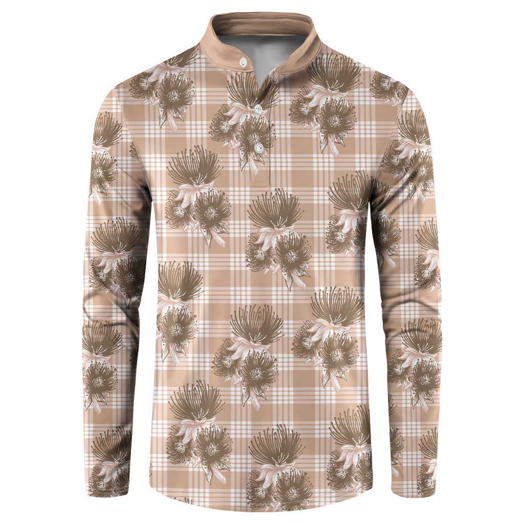 Brown Palaka Hawaii Button Sweatshirt Hawaiian Lehua Blossoms LT05 Brown - Polynesian Pride