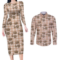 Brown Palaka Hawaii Couples Matching Long Sleeve Bodycon Dress and Long Sleeve Button Shirt Hawaiian Lehua Blossoms LT05 Brown - Polynesian Pride
