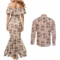 Brown Palaka Hawaii Couples Matching Mermaid Dress and Long Sleeve Button Shirt Hawaiian Lehua Blossoms LT05 - Polynesian Pride